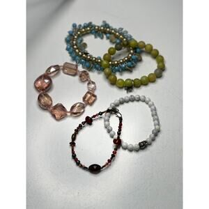 Set of beaded bracelets stretch easy on and off white green blue peachy pink